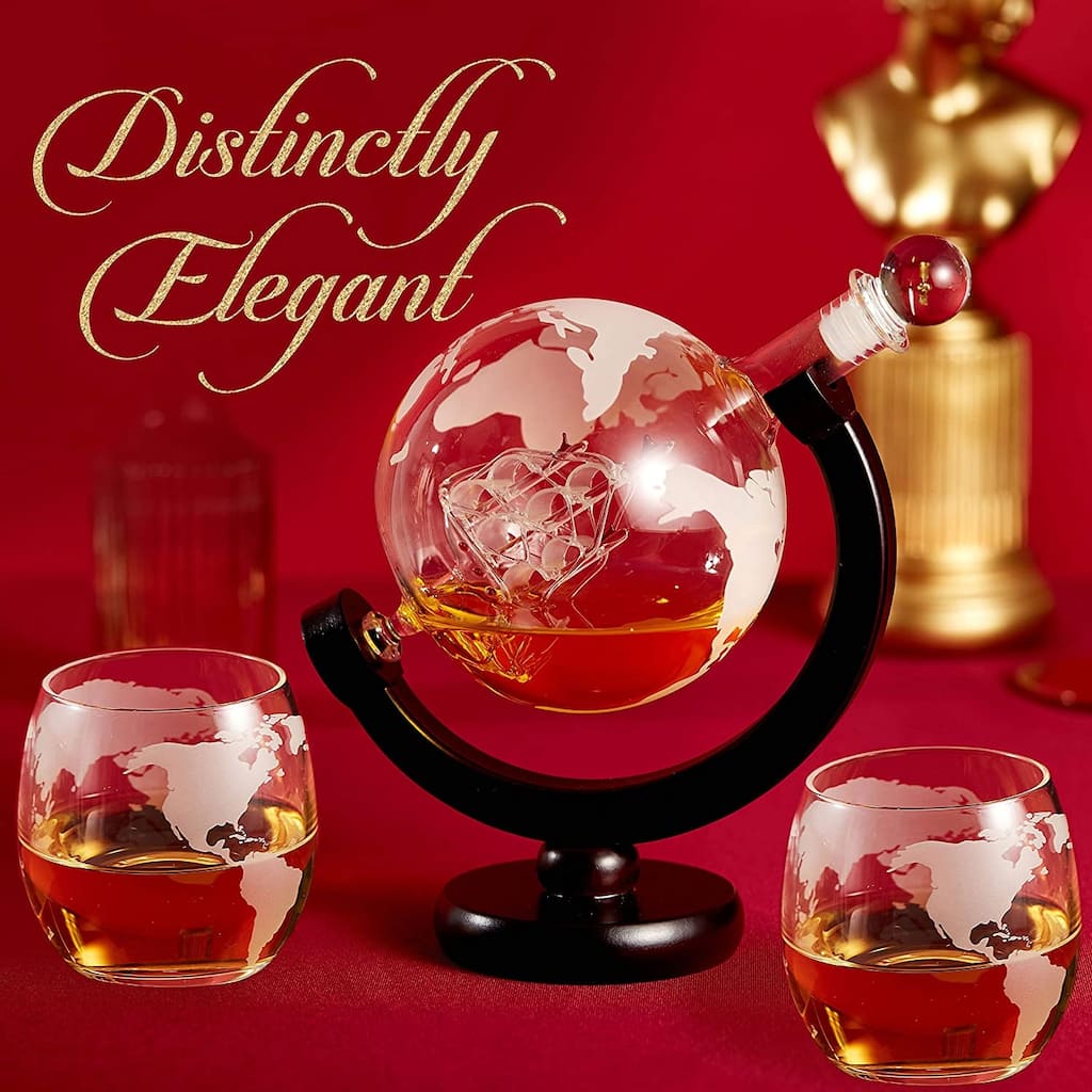 Berkware Globe Etched Whiskey Decanter With Interior Hand-Crafted Glass Ship - Gift Set with Globe Glasses