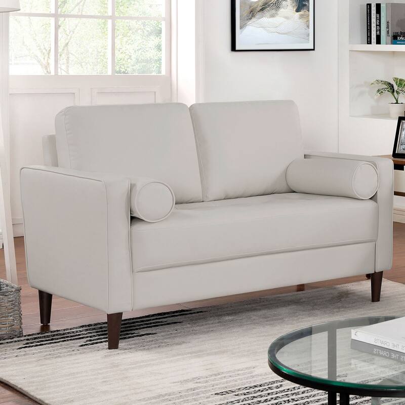 Contemporary Style Off-White Leatherette Upholstered Loveseat with Bench-style Seating and Bolster Pillows - White-1