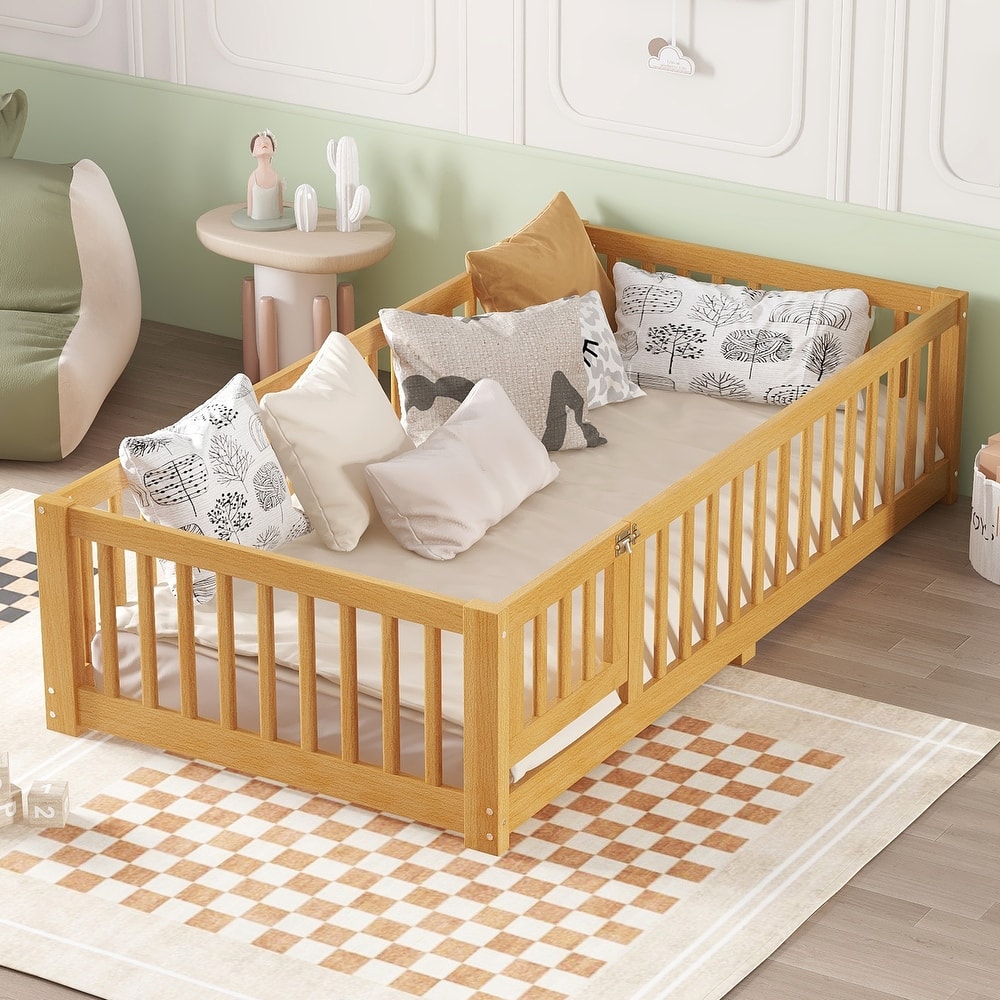 Montessori Toddler Floor Bed with Fence and Switchable Door, Low Profile Bed Frame with Removable Slats, Safe Transition Bed