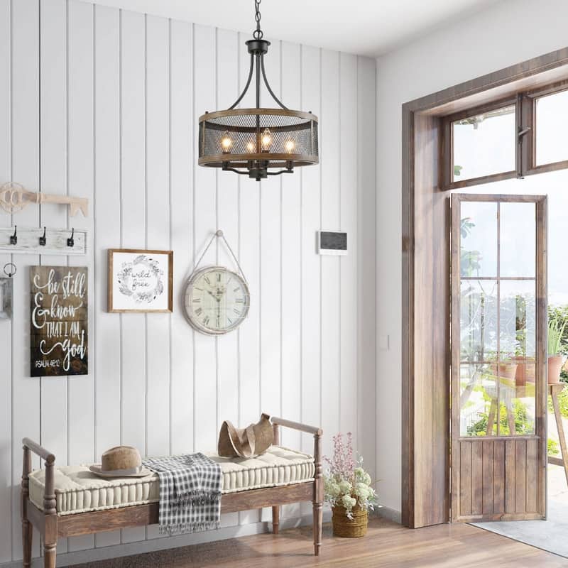 Modern Farmhouse 4-Light Drum Chandelier Wood Grain Ceiling Lights for Dining Room - W16"xH21"
