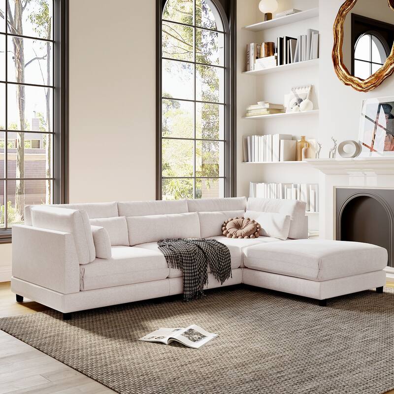 Upholstered LShaped Sectional Sofa with Ottoman and Waist Pillows Spring Reinforced Frame