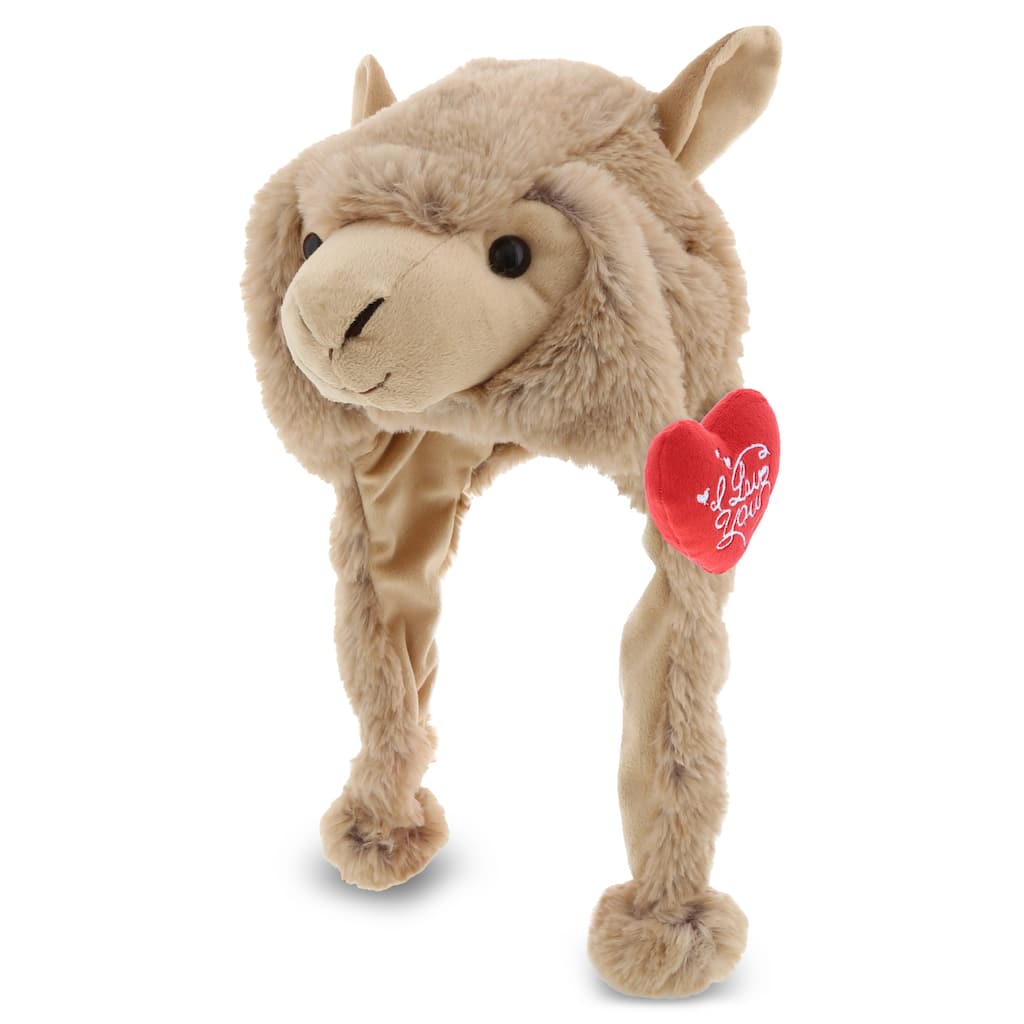 DolliBu I LOVE YOU Brown Llama Plush Hat - Cute Hat with Red Heart - 16.5 inches