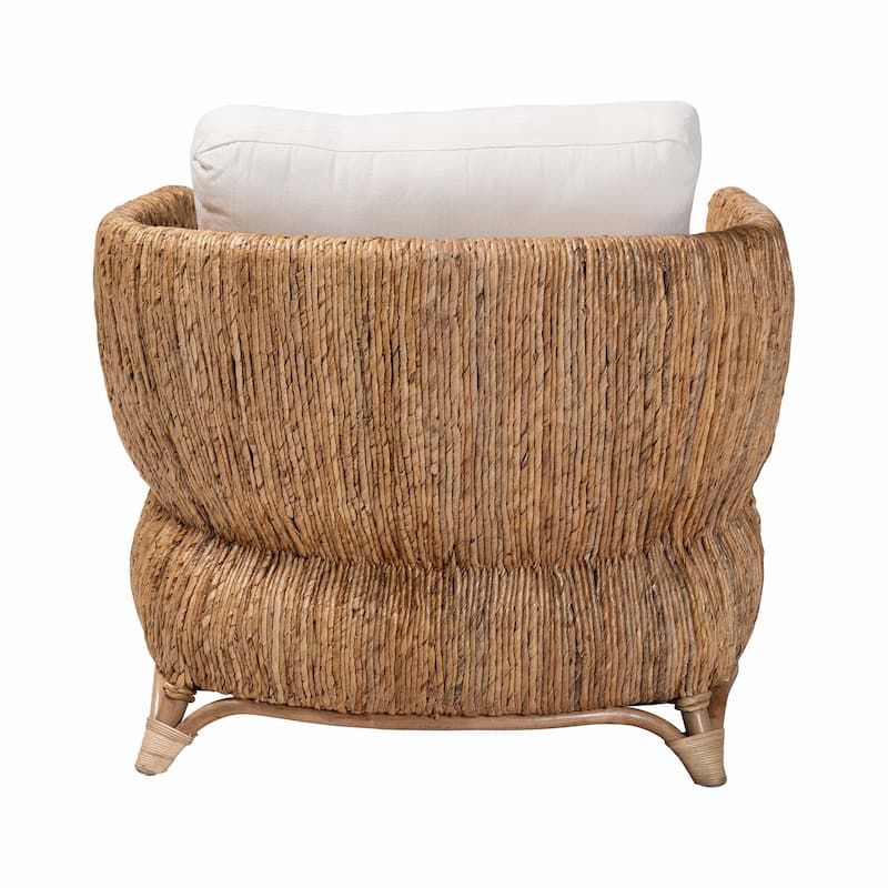 Roma Rattan and Seagrass Armchair with Cushions - Handwoven Lounge Chair with Wide Armrests and Sculptural Base, Boho Coastal