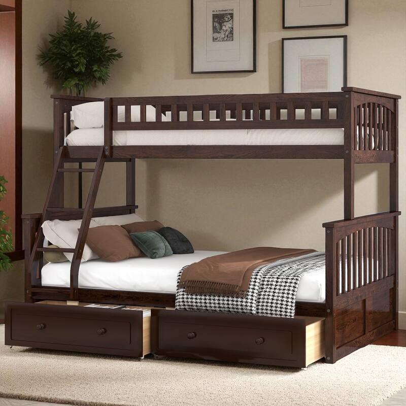 Twin over Full Bunk Bed with Drawers, Convertible to 2 Beds, Pine/MDF, Staircase & Guardrails, 79.7 x 57.5 x 61.2 in - Espresso - Full