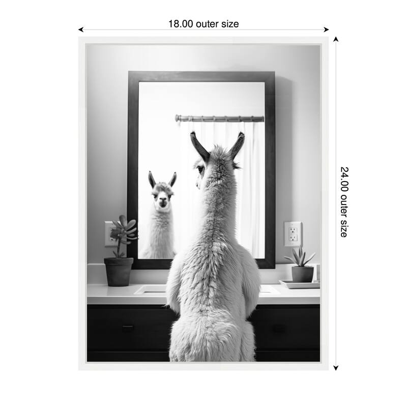 Kate and Laurel Sylvie Llama Bathroom Art Mirror Black and White Framed Canvas by The Creative Bunch Studio