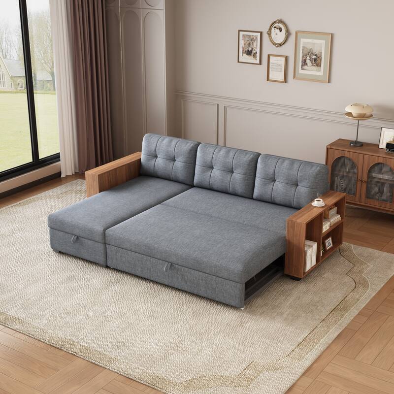 84'' Corner 3-Seat Sectional Sofa with Storage Chaise, Pull-Out Sleeper Feature and Wooden Armrests
