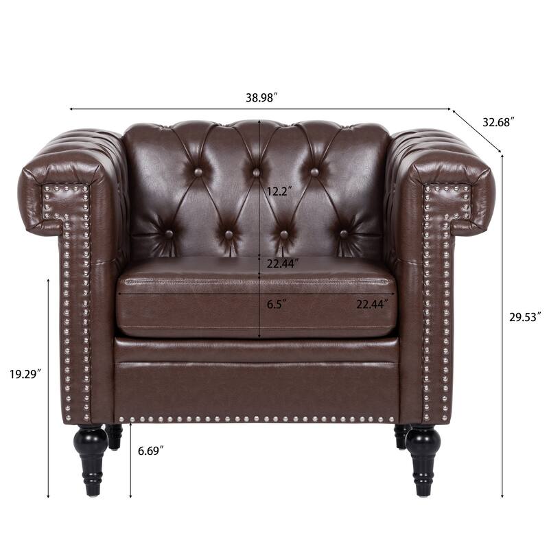 Brown PU Modern 38.98" Upholstered Buttons Tufted Accent Chair with Gourd Shaped Birch Legs and Nailheads