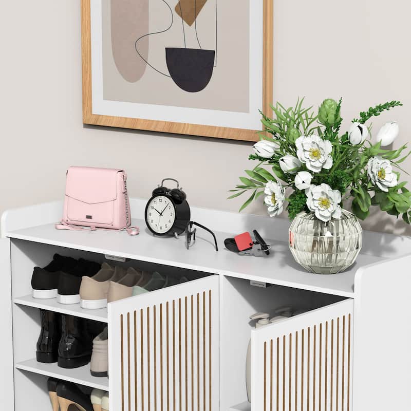Multi-functional Shoe Cabinet with Adjustable Shelves, Stool, Retractable toe-kick drawer, Minimalist Shoe Storage Organizer