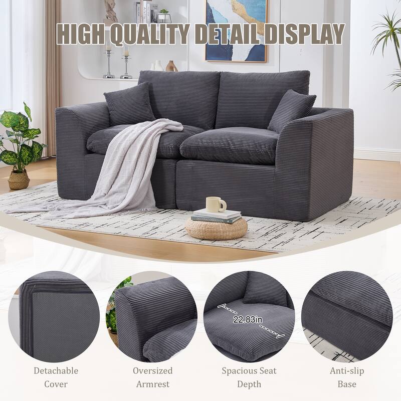 Ergonomic Corduroy Cloud Couch Modular Loveseat Sofa with Curved Armrests, High-Density Foam Support and Detachable Covers