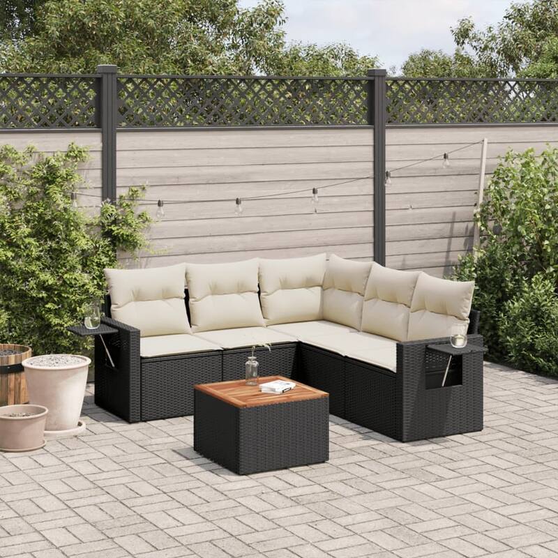 vidaXL Patio Sofa Set with Cushions Outdoor Furniture 6 Piece Poly Rattan - Black and Cream corner + Table + 2x middle - 21.7 x 21.7 x 14.6