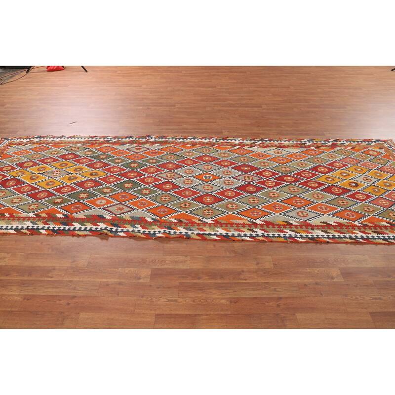 Kilim Persian Vintage Runner Rug Flatweave Wool Carpet - 4'1"x 12'4"