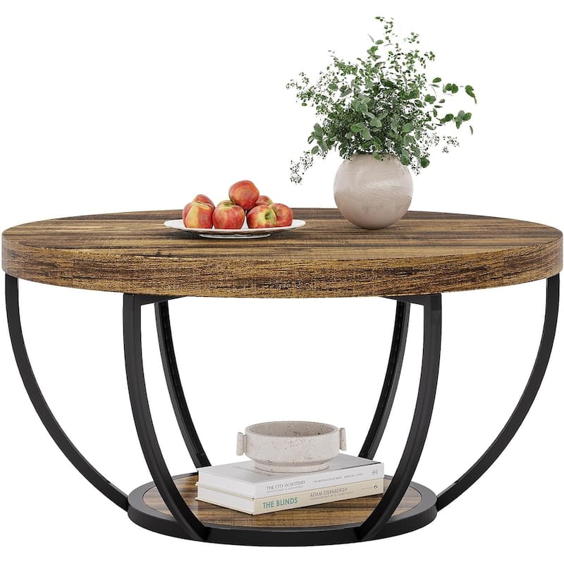Round Coffee Table, 31.7" Wooden 2-Tier Circle Coffee Table with Storage Shelves, Accent Cocktail Table Center Table