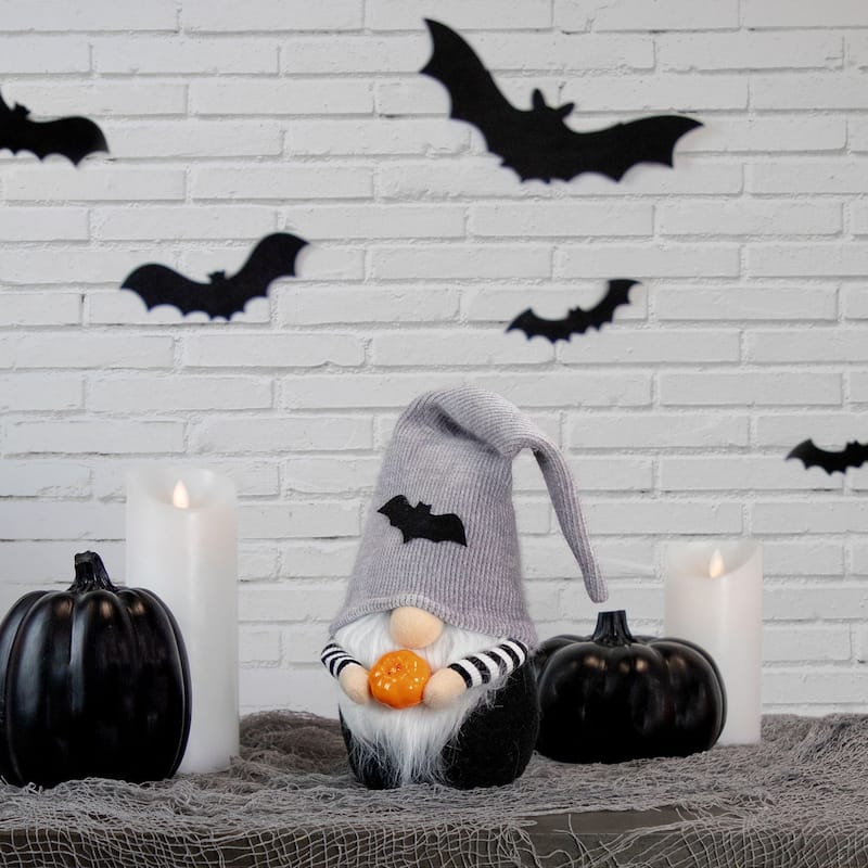 Standing Gnome with Pumpkin and Bat Hat Halloween Figurine - 9.5"