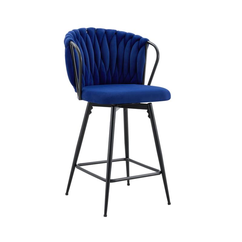 Set of 2 Modern Velvet Braided Bar Stools with Metal Frame & Woven Rope Backrest - Blue