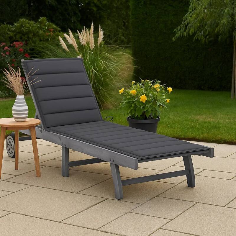 Kaye Outdoor Sun Lounger, 79 Inch Acacia Wood, Dark Gray Polyester