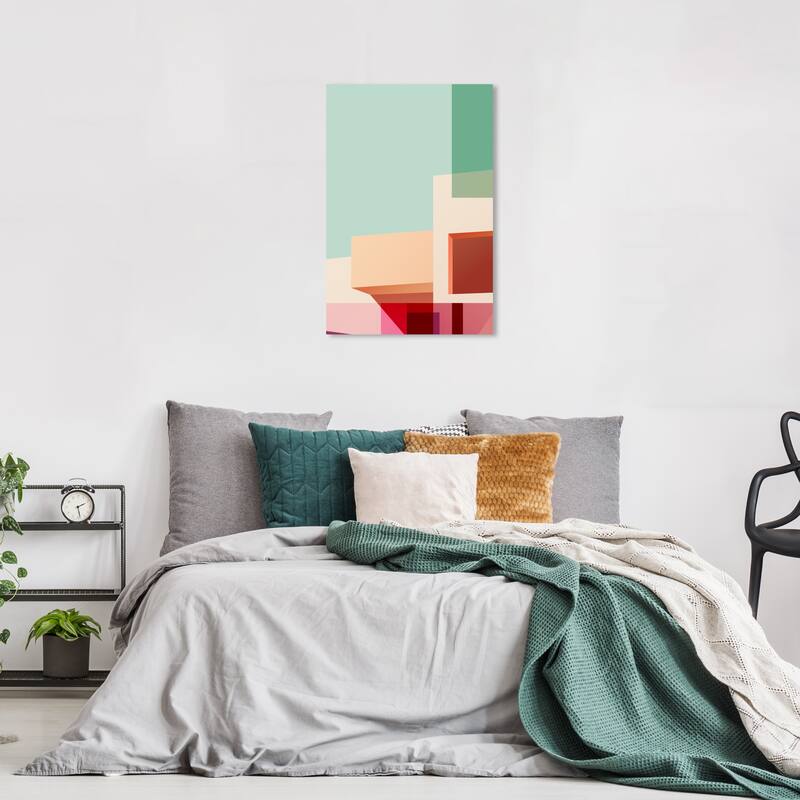 Wynwood Studio Canvas Architecture and Buildings Freeshape Building 13 Green and Pink Mid-Century Modern Wall Art Canvas Print - 24 x 16