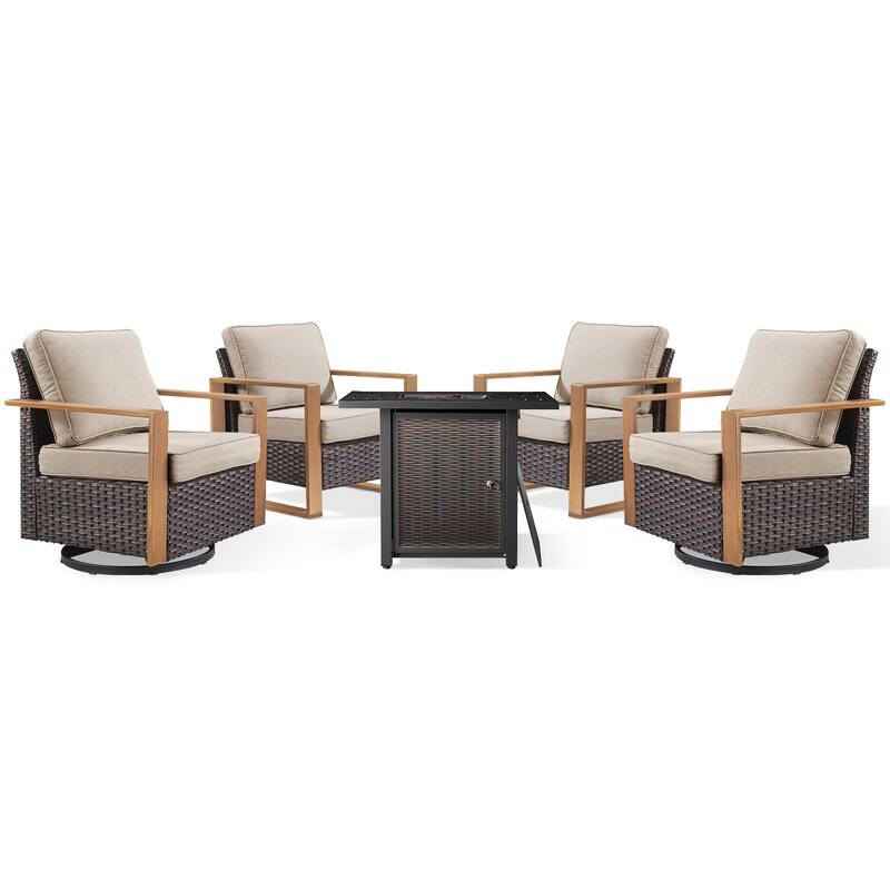 Meyreso 5-Piece Wicker Patio Conversation Set with Metal Fire Pit & Plush 4.5" Olefin Cushions