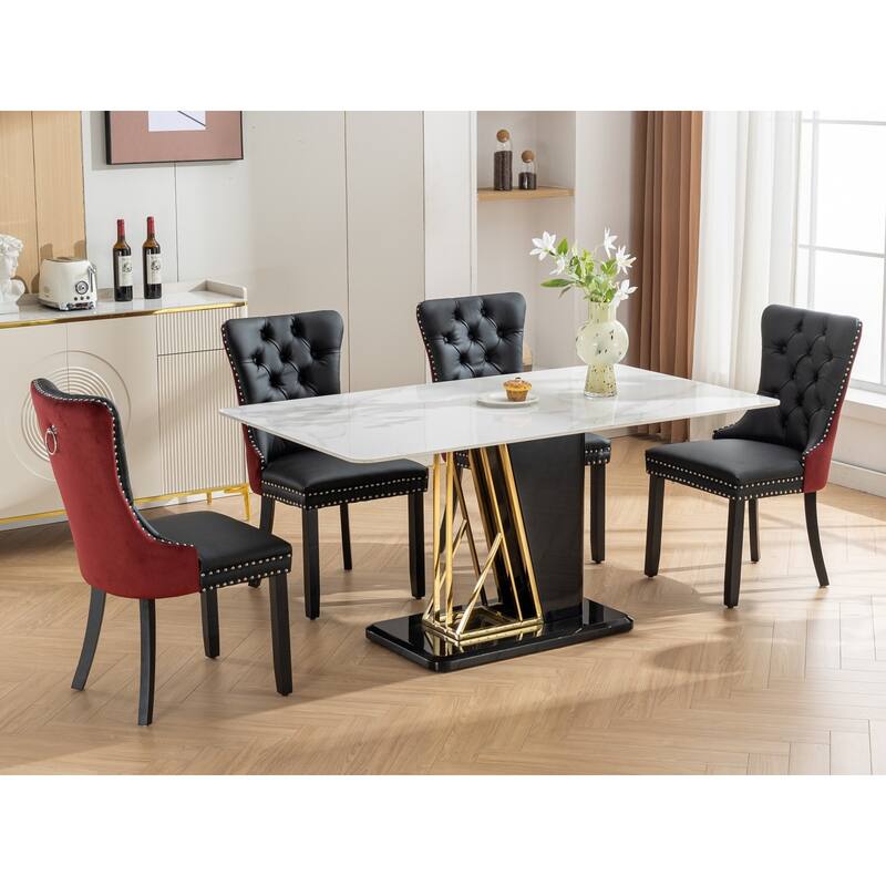 Set of 2 PU and Velvet Upholstered Dining Chairs with Nailhead Trim and Wooden Legs