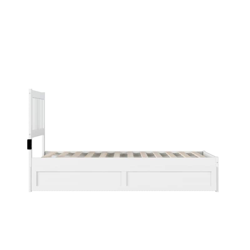 Twin Bed with Trundle & USB - Mission Style Wood Platform Bed, Walnut Finish, 76" Wide