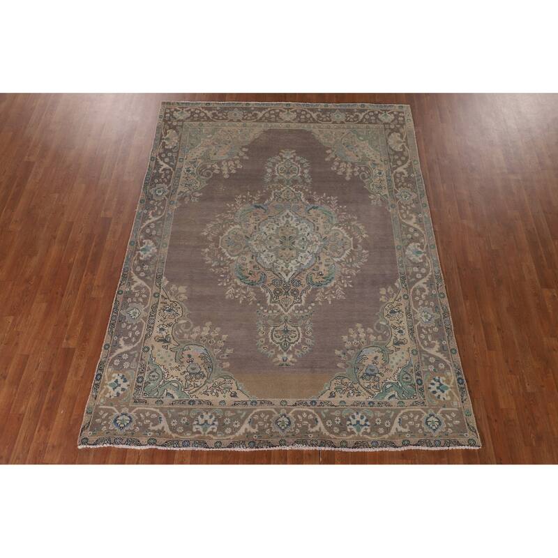 Distressed Tabriz Persian Vintage Area Rug Hand-Knotted Wool Carpet - 6'9"x 9'2"