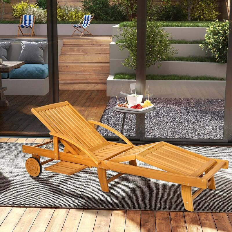 Acacia Wood Folding Lounge, 4-Pos Adjustable, Wheels for Beach