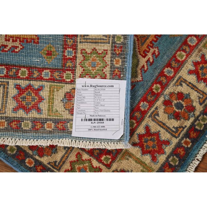 Blue Kazak Oriental Accent Rug Hand-Knotted Geometric Wool Carpet - 2'0" x 3'0"