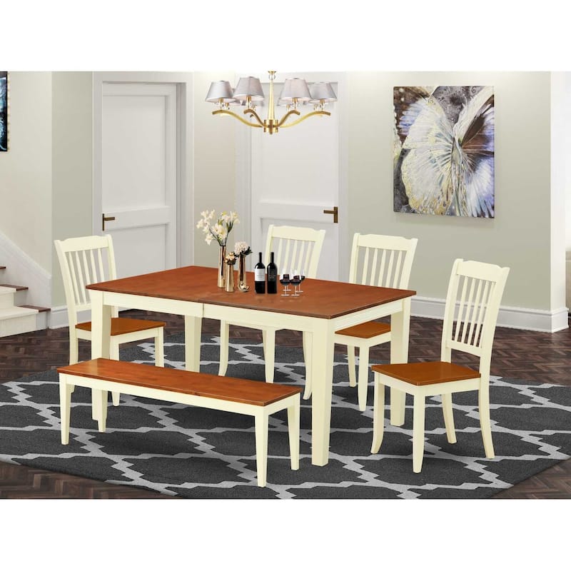 Retro Dining Set 6Pc Rectangular Table w/ Leaf & 4 Chairs Bench - 54/66 Inch
