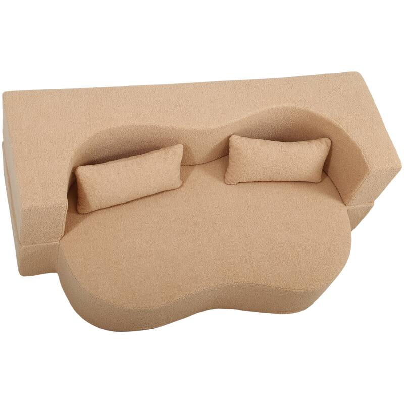 2-in-1 Convertible Loveseat Sofa Bed, Full Size Floor Bed Mattress, Folding Teddy Fabric Futon Couch with 2 Pillows