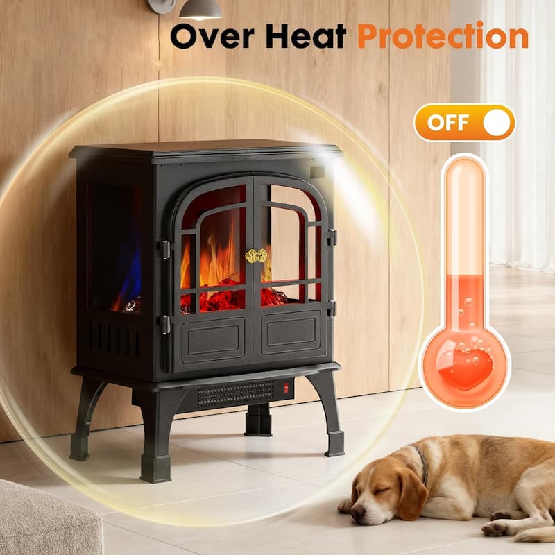 26Inch Electric Fireplace Stove , Free-Standing Infrared Fireplace Stove, Controllable 3D Flame, 1500w, 5000BTU - double door