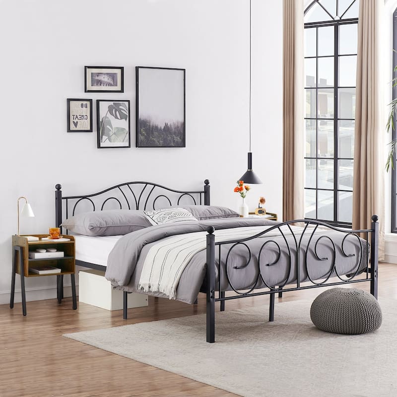 Taomika 3-Pieces Modern Black Metal Bed Frame and Brown Nightstand Sets