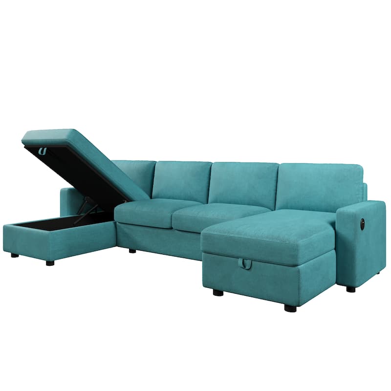 Roomfitters Convertible U-Shaped Sectional Sofa with 2 Storage Chaise Lounges and 4 USB Ports for Living Room