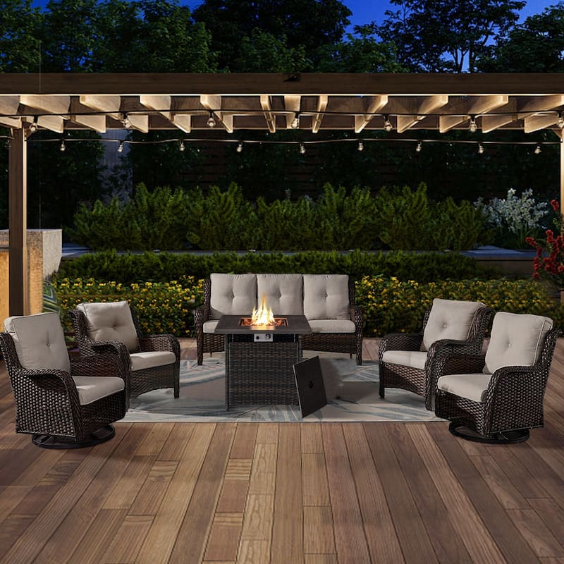 Gymojoy 6-Piece Outdoor Wicker Patio Furniture with Fire Pit Table, Rattan Coversation Set with Water Resistant Thick Cushions