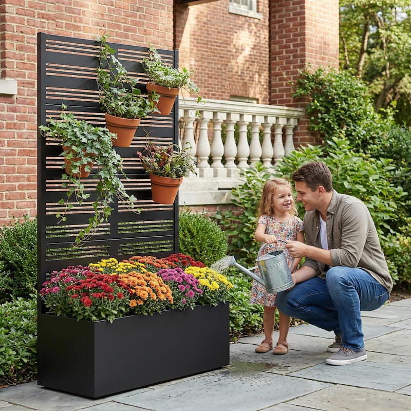 Metal Galvanized Planter Box with Trellis Privacy Screen Lockable Wheels