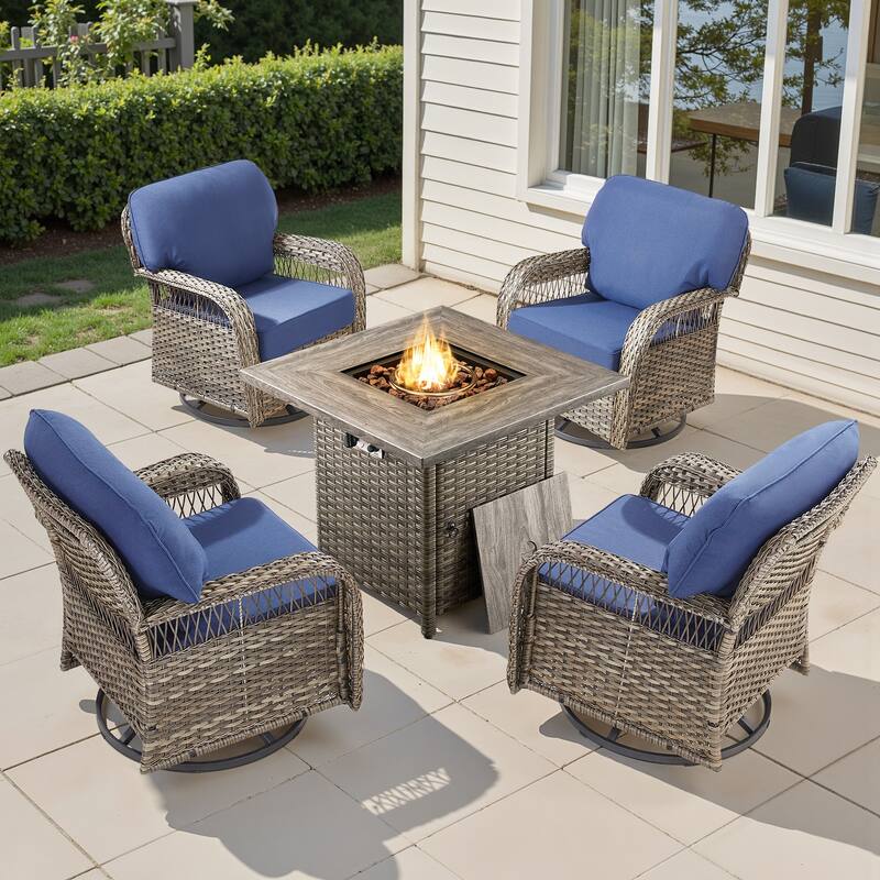 Pocassy Outdoor Sofa Ottoman Swivel Chair Table with Fire Table Funiture Set. - Gray Wicker Blue Cushion - 5-Piece Swivel Chair with Fie Pit Table