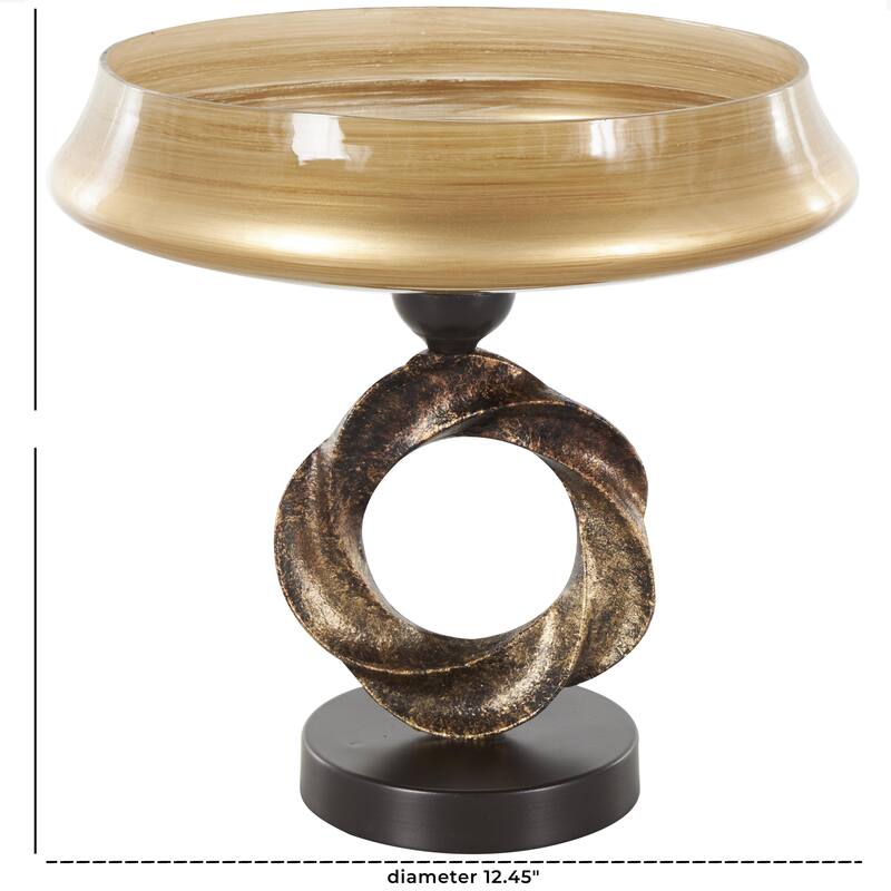 Brown Glass Wide Brushed Decorative Bowl with Textured Bronze and Black Ring Base