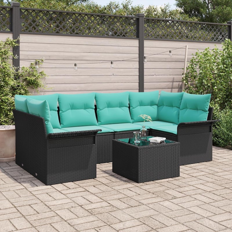 vidaXL 7 Garden Sofa Set with Cushions Black Poly Rattan - 92.1 x 52.2 x 27.2