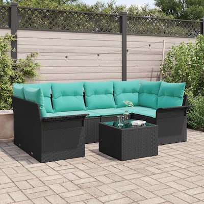 vidaXL 7 Garden Sofa Set with Cushions Black Poly Rattan - 92.1 x 52.2 x 27.2