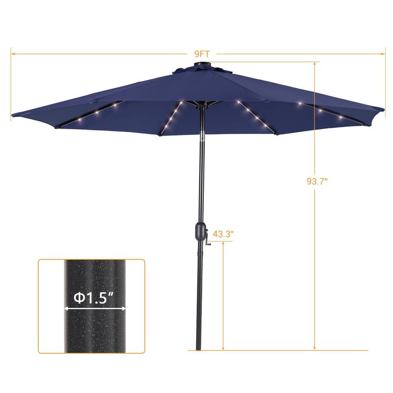 LIVOOSUN 9Ft Solar-powered Large Round Outdoor Patio Market Umbrella with Crank