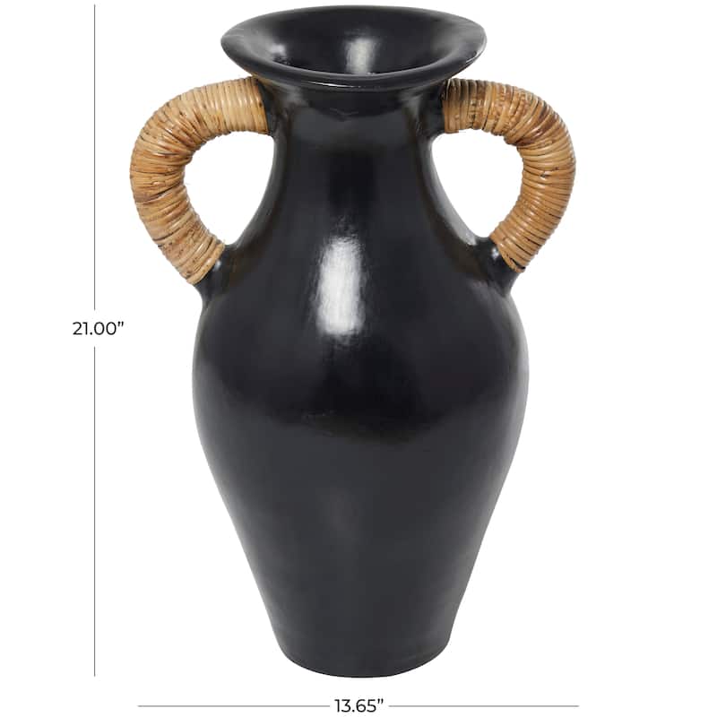 Black Ceramic Jug Inspired Vase with Rattan Wrapped Handles