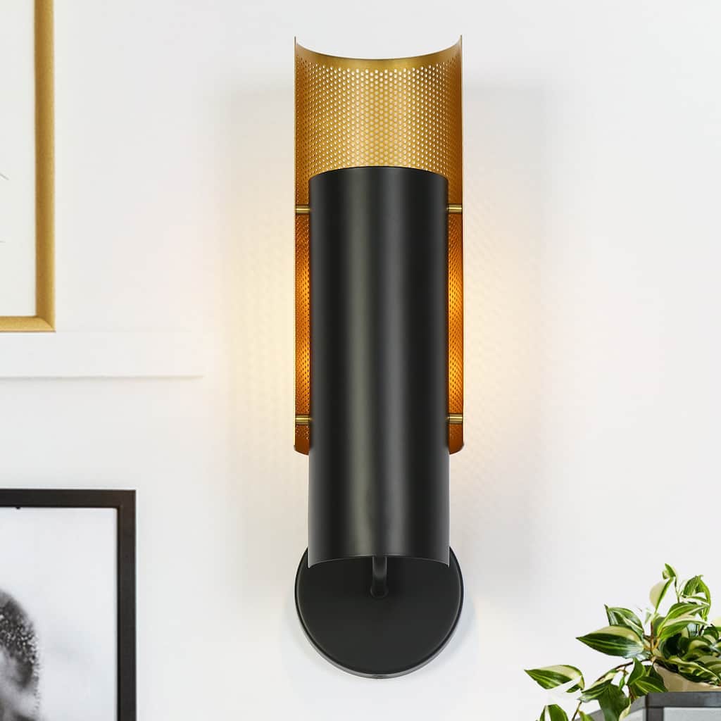 Modern Farmhouse Metal Cylinder Reversible Black Gold Bathroom Sconce for Foyer - L15"*W4.6"