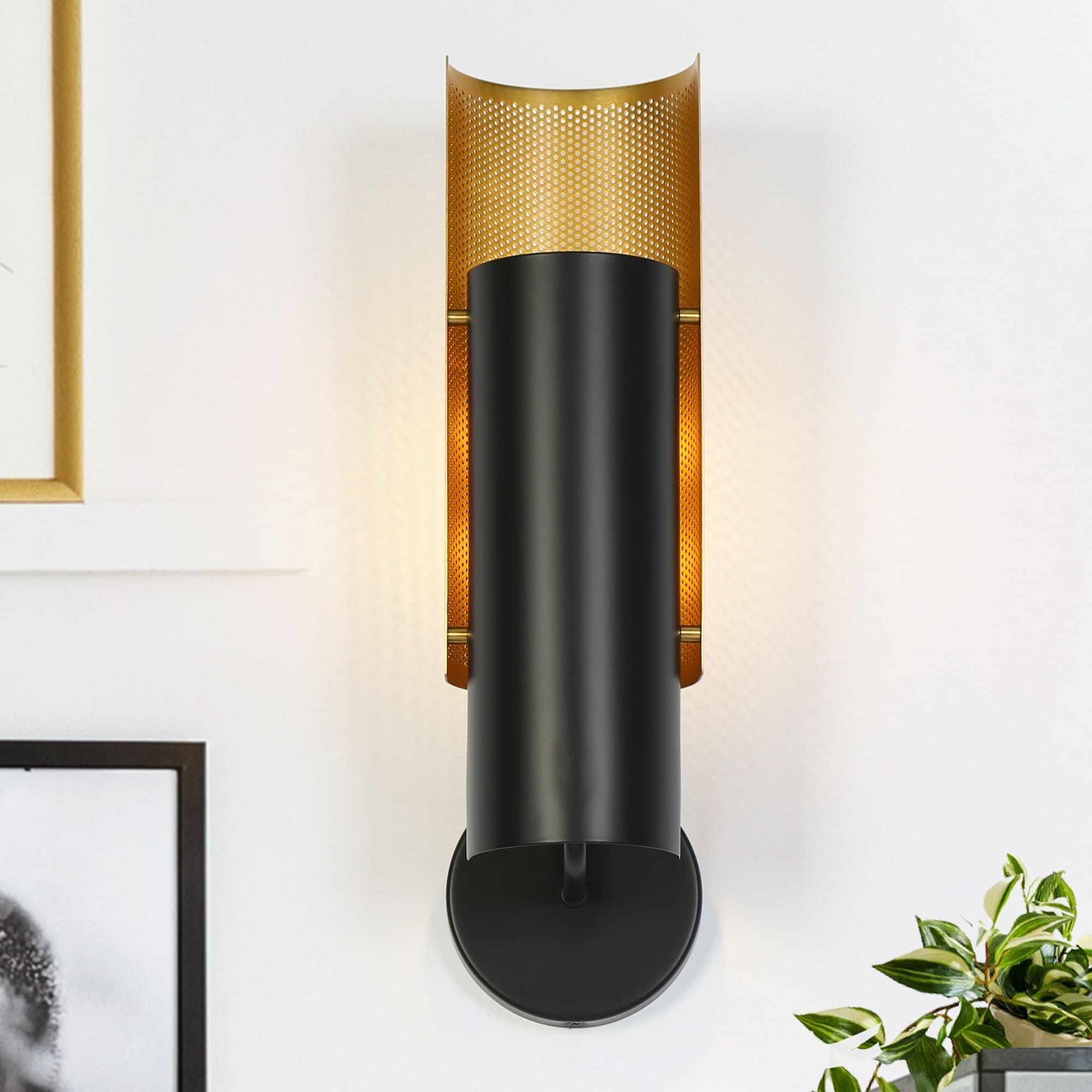 Modern Farmhouse Metal Cylinder Reversible Black Gold Bathroom Sconce for Foyer - L15"*W4.6"