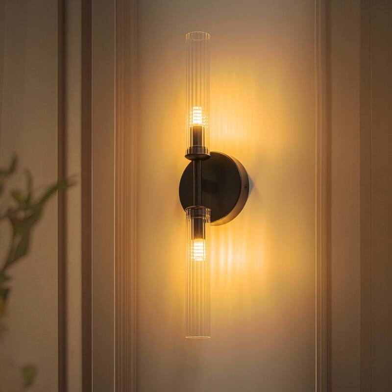 2-Light Mid-Century Modern Brushed Gold/Matte Black Finish Linear Vanity Light with Clear Striped Glass for Bathroom