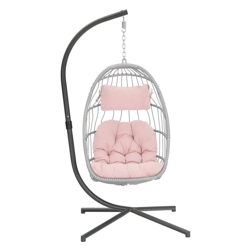 Egg Hanging Chair with Stand, Patio Wicker Pink Swing Chair Hammock Egg Chairs with UV Resistant Cushion for Garden Backyard - Pink