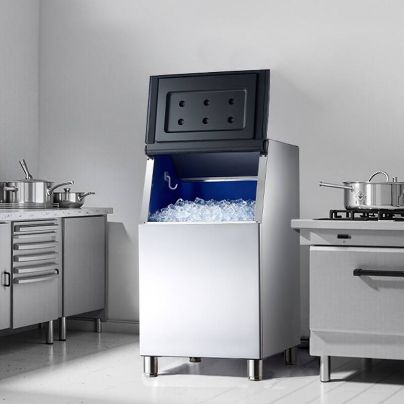 Silver-Black Stainless Steel 430 Commercial Ice Maker Storage Bin 300lbs with Insulated Casing and Adjustable Feet