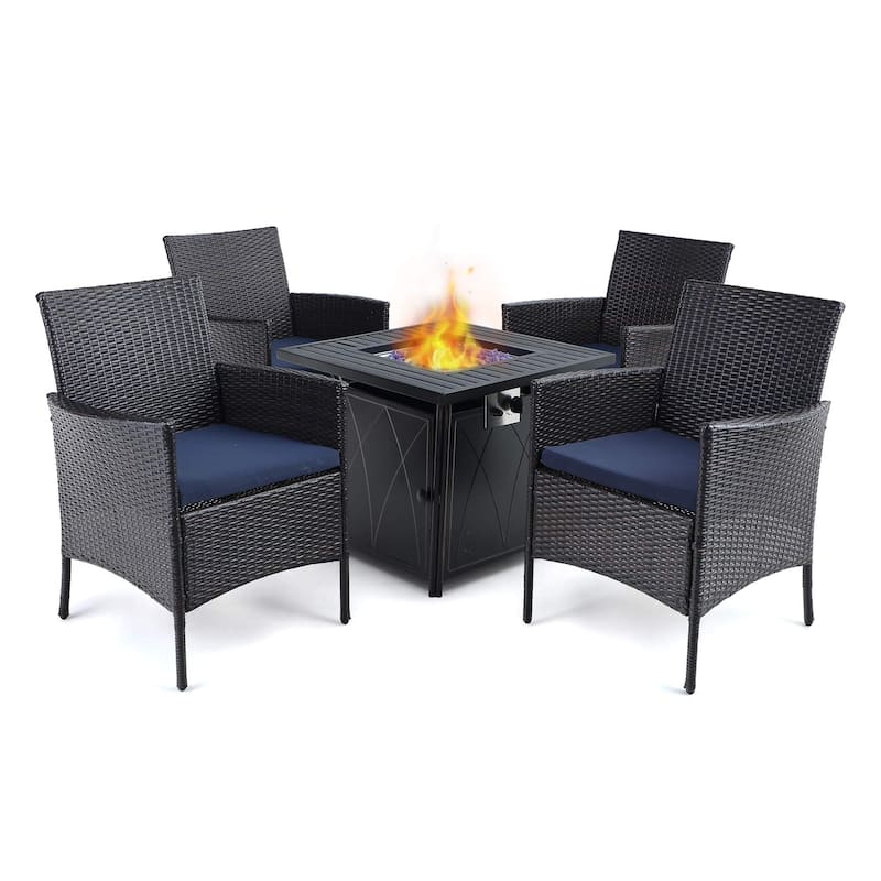 28" Gas Fire Pit Table with 4 Rattan Chairs, 5 Piece Propane Fire Pit Setwith 5Kg Fire Glass - Dark Brown