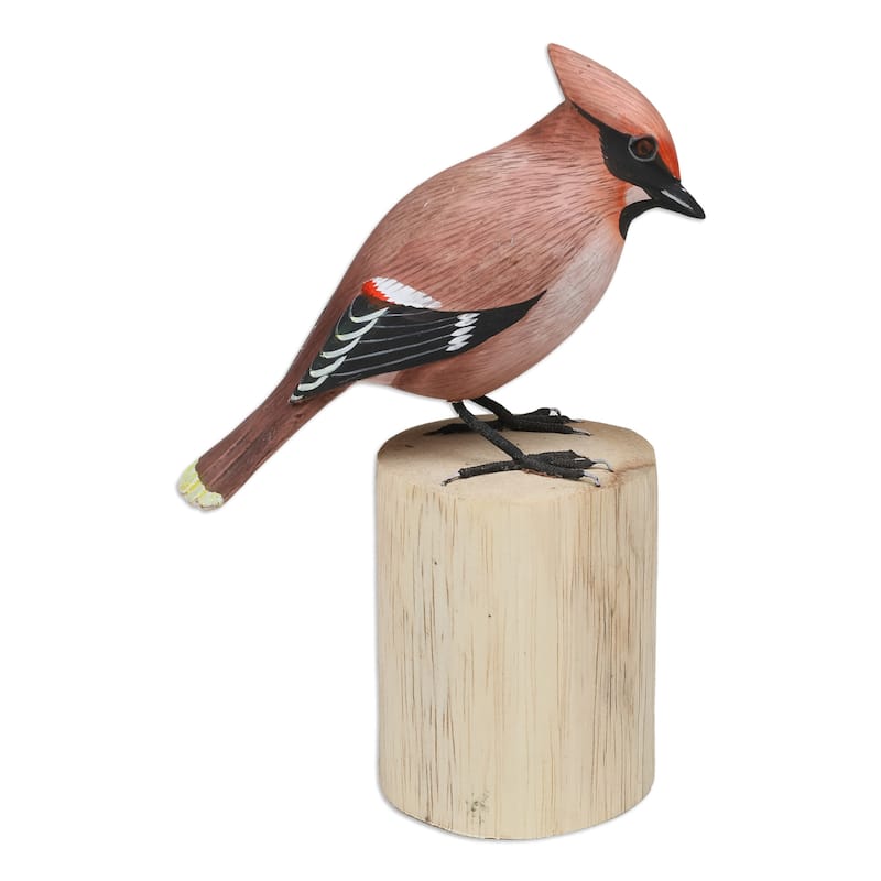 Novica Handmade Adorable Waxwing Wood Statuette