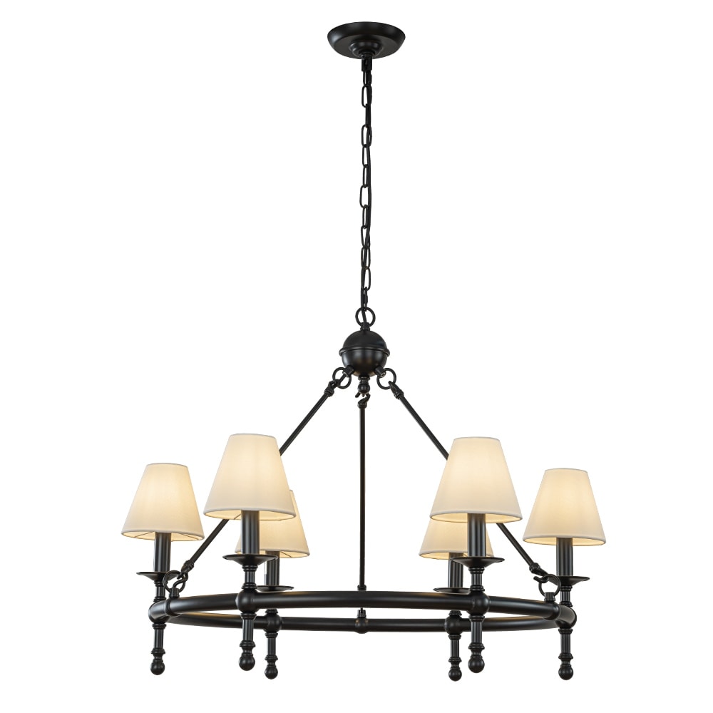 Vintage Brass Chandelier 6-Light Classic Pendant Fixture with White Shades for Elegant Interior Lighting - W33.5''