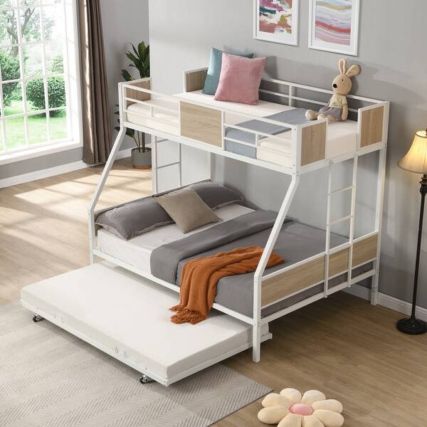 slide 2 of 9, Twin Over Full Metal Bunk Bed with Trundle,2 Side Ladder Brown+White