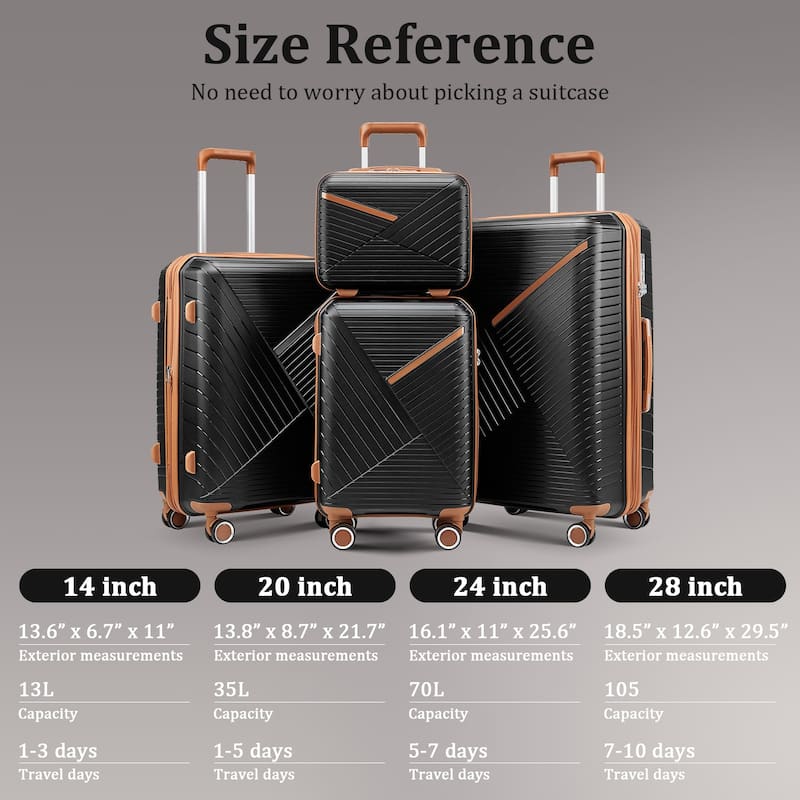 14/20/24/28 4-Piece Modern Luggage Sets, Expandable Luggage with Swivel Wheels and TSA Lock, for Boarding Travel, Black