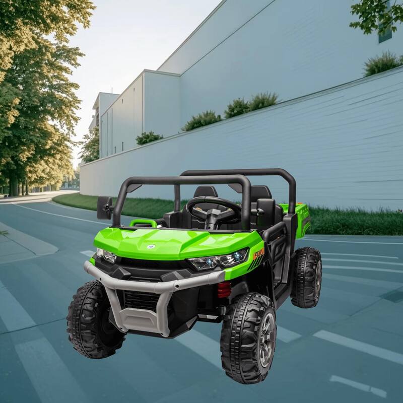 Two-Seater 24V Battery Powered Ride-On Dump Truck Motors, Shovel, MP3, LED Lights, and Parental Control for Boys and Girls - Green